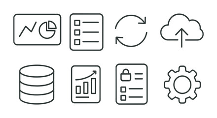 Data management and analytics icon set for digital projects