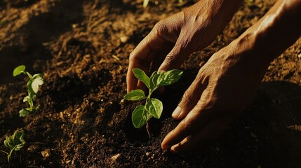 Hands planting young sapling in soil during daylight in a garden setting for sustainable agriculture practice