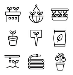 Urban Gardening Icons. Outline icon set of urban gardening: rooftop planter, hanging basket, balcony