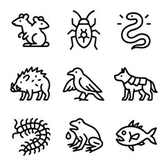 Mutated Wildlife Icons. Outline icon set of mutated wildlife creatures: two-headed rat, irradiated cockroach, glowing snake,