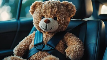 Teddy bear buckled up with seat belt inside car for child safety and security.
