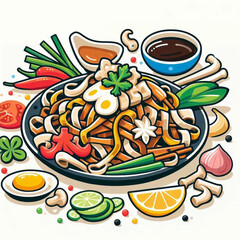 Cartoon noodle dish with eggs vegetables  sauces bright colorful