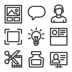 Visual Storytelling Icons. Outline icon set of visual storytelling: storyboard panel, speech bubble,