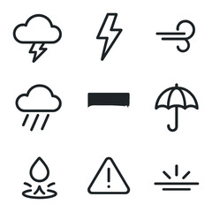 Storm Icon Set. Outline icon set of stormy horizons: thundercloud, lightning bolt, wind swirl, rain shaft, dark sky gradient,