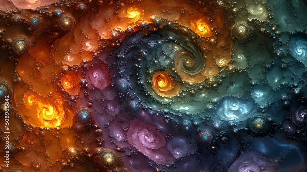 Poster vibrant fractal art shows swirling patterns, colorful orbs, and textured details. abstract theme dis