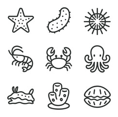 Reef Invertebrates Icons. Outline icon set of reef invertebrates: sea star, sea cucumber, sea urchin, shrimp, crab, octopus,