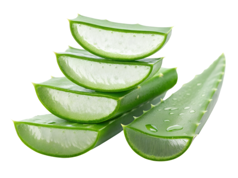 Aloe vera sliced and whole with gel dripping isolated on white background