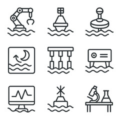 Wave Energy Icon Set. Outline icon set of wave energy innovation and technology: mechanical arm