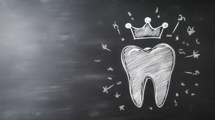 Drawing of a tooth crowned with a crown illustrating dental health on a chalkboard background