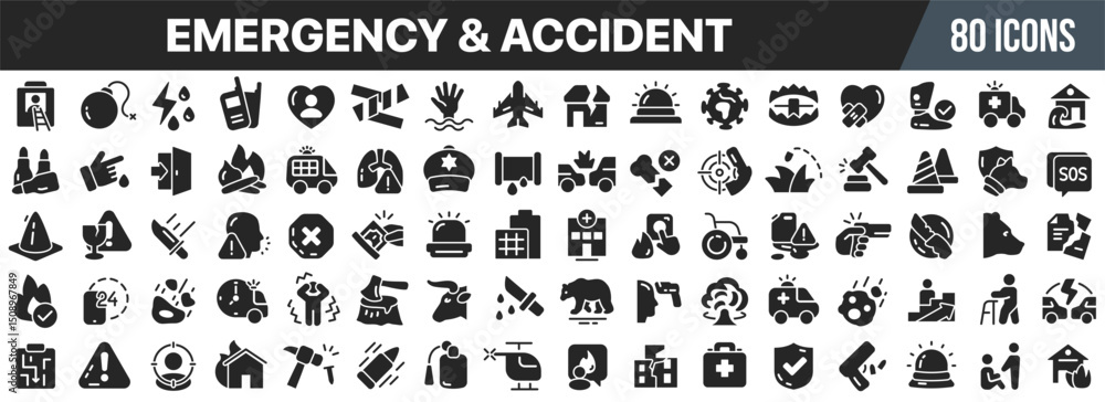 Poster emergency and accident black icons collection. big ui icon set in a flat design. vector illustration