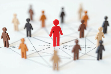 Colorful Human Figures Connected by Dotted Lines on a White Background, Representing Social Networking, Teamwork, Leadership, Diversity, and Community Structure in a Digital Concept