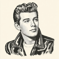 Vintage man portrait with pompadour hairstyle and leather jacket, classic rockabilly style
