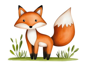 Cute Orange Fox in Watercolor Style on Transparent Background