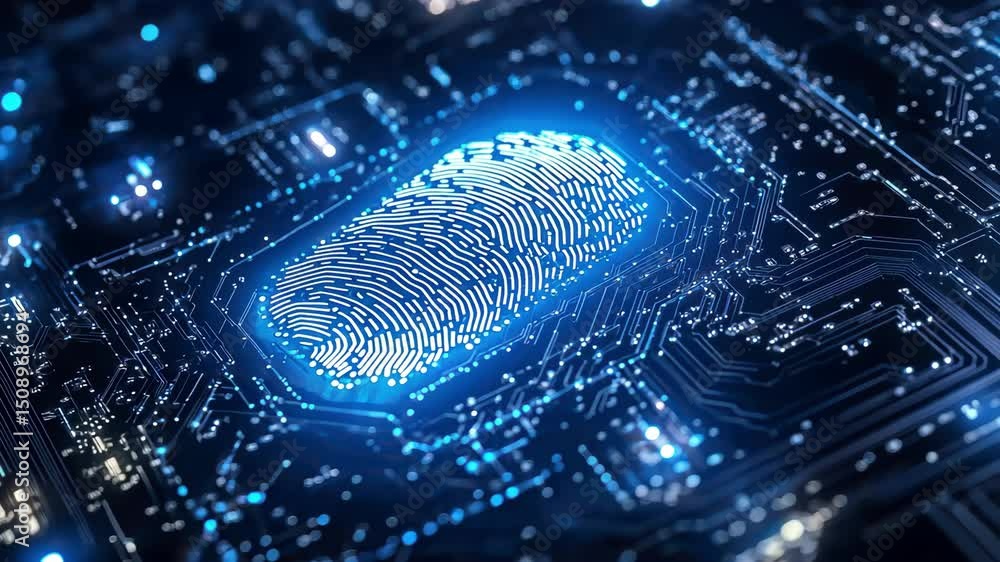 Poster glowing fingerprint on circuit board, technology security concept, digital data. authentication and 