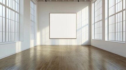Obraz premium Empty room with large blank picture frame and large windows.