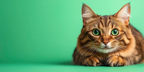 Cute Brown Cat with Green Eyes Laying on a Bright Green Background
