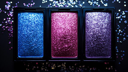 Three shiny, sparkling colored makeup palettes on a black background, with blue, pink, and purple glittery eyeshadows in the middle of each palette