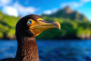 Close-Up Portrait of a Cormorant Bird with Vibrant Colors Against a Natural Background