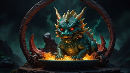 Fototapeta premium Mystical dragon sits in fiery bowl