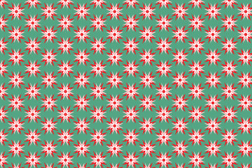 seamless pattern with red and pink starburst shapes on a teal textile abstract background