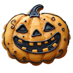Fototapeta premium Halloween-themed gingerbread cookie shaped like a pumpkin, decorated with orange icing and isolated on a transparent background. 