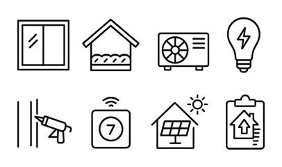 Energy efficient home solutions and sustainable living icons set