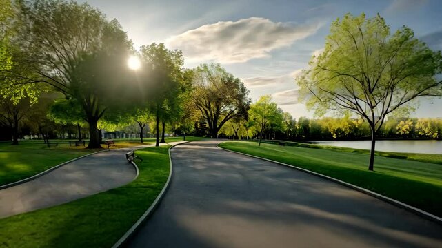 A serene morning in a beautiful park featuring a winding pathway beside lush trees and a calm lake surrounded by nature