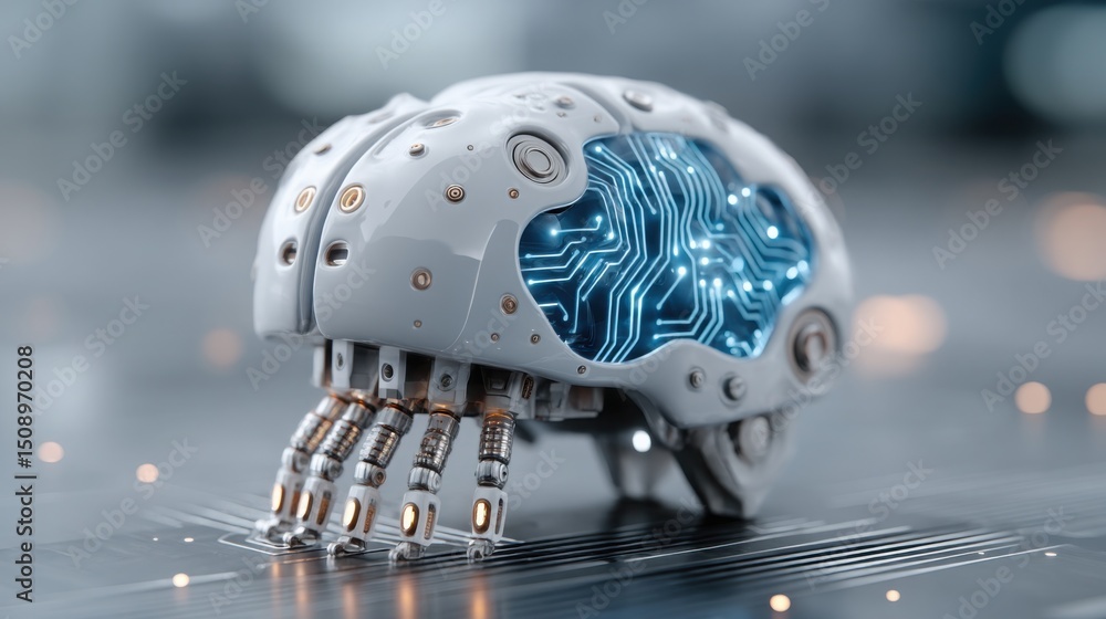 Poster futuristic robot with circuit background illustrating neural trading bot user interface for modern f