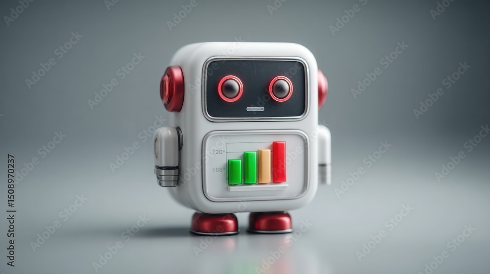 Poster dynamic robot with red and green lights showcasing neural trading bot user interface for modern mark