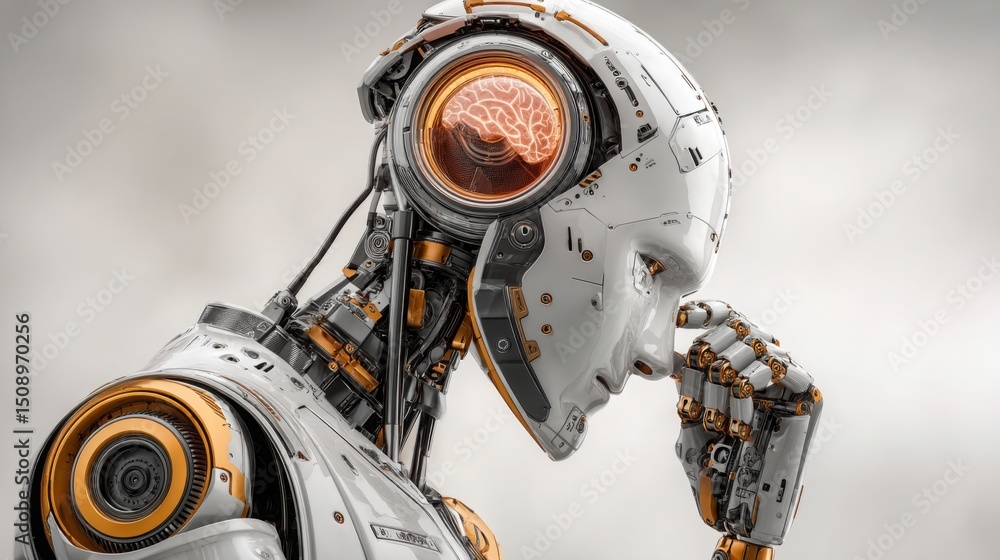 Poster robot holding a brain in its hand symbolizing neural trading bot user interface for advanced financi