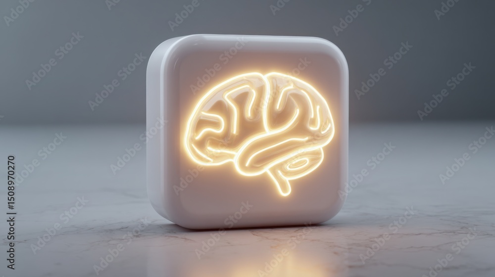 Poster glowing brain on a white cube symbolizing neural trading bot user interface concept and modern techn