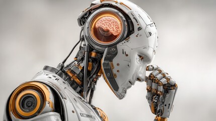 Fototapeta premium Robot holding a brain in its hand symbolizing neural trading bot user interface for advanced financial decision making