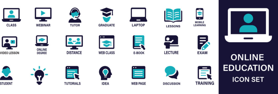 Online Education Icon Set – Flat Vector Design for E-learning, Virtual Classes, and Digital Learning Platforms.