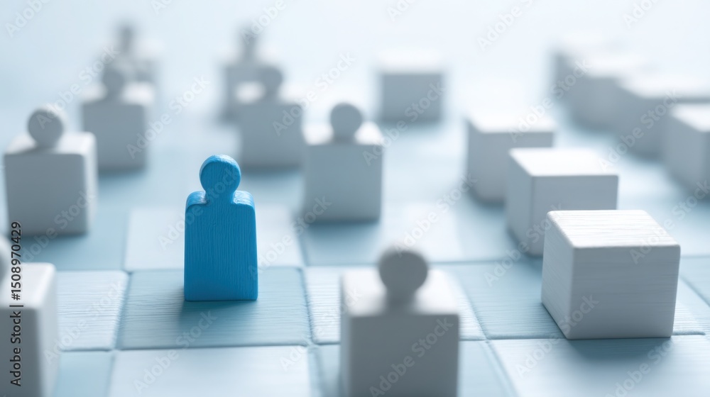 Poster blue person navigating a maze of white blocks representing organizational capability grid and 3d bar