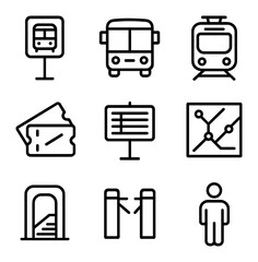Public Transit Icons. Outline icon set of public transit network: bus stop sign, bus silhouette, metro train, ticket, timetable
