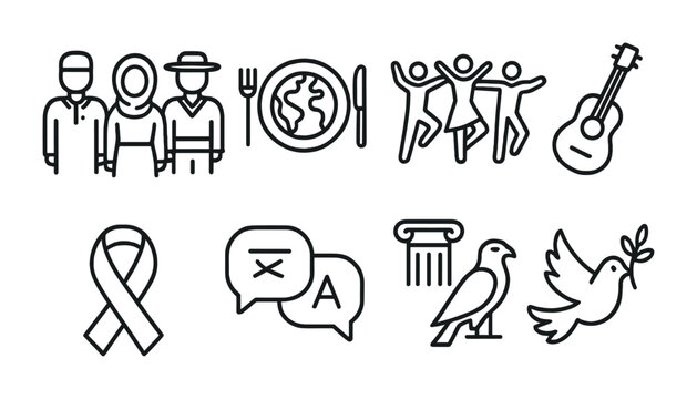 Diverse cultural icons and symbols for global unity and awareness designs