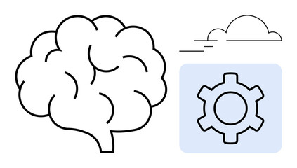 Brain illustration next to a gear icon in a blue square, reflecting creativity and logic. Ideal for technology, education, innovation, strategy, mental health, productivity, simple landing page