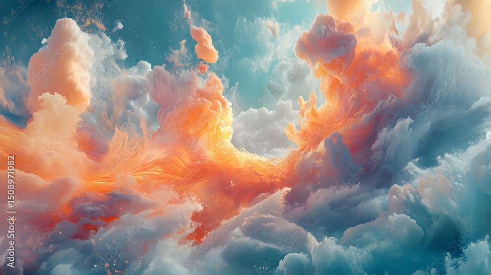 Poster a dynamic and surreal composition of clouds intermingling with vibrant orange and blue hues, creatin