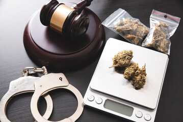 Drug package with hemp. Marijuana bags on scale