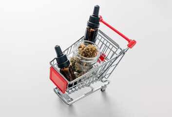 Medical CBD herb and oil in shopping cart