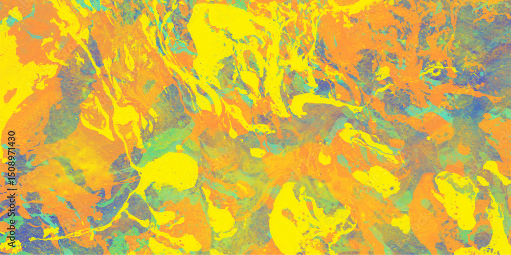 Poster an abstract fluid art background featuring dynamic splashes and blends of vibrant yellow orange blue