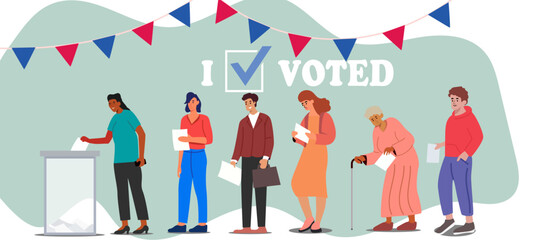 election day cartoon scene people queue carrying filled paper ballots put voting box community responsibility
