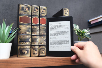 E-book reader device in home library