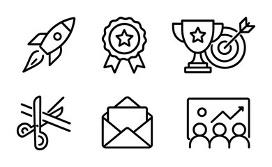 Business success icons set featuring awards, growth, and communication elements