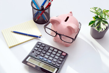 Smart piggy bank wearing glasses, using calculator