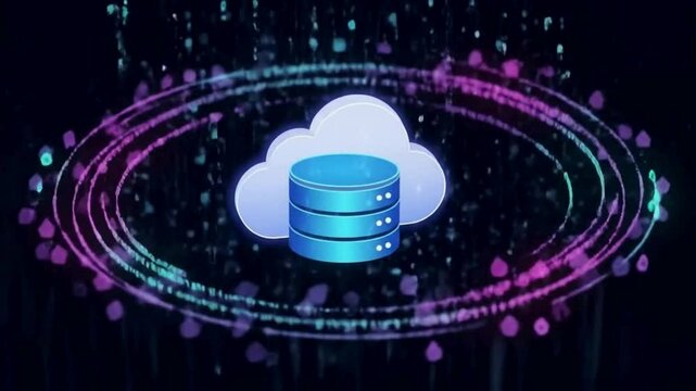 Cloud database surrounded by purple digital effects
