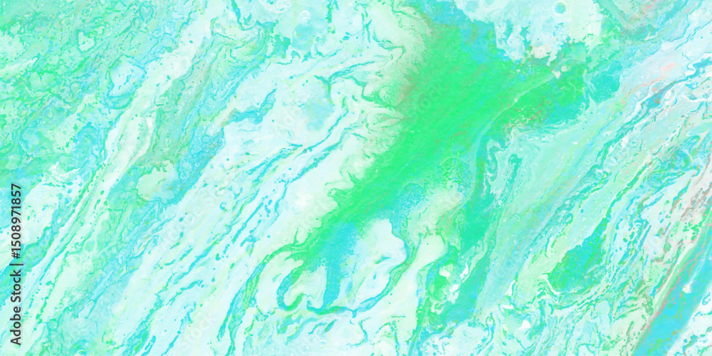 Poster abstract artistic marbling design featuring flowing teal and green watercolor paint textures creatin
