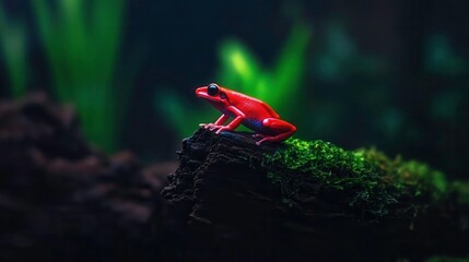 Bright Red Frog Sitting on Mossy Log Surrounded by Lush Greenery in Nature