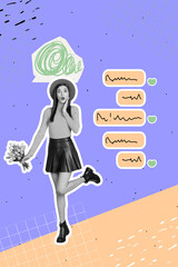 Image vertical 3d collage poster of happy girl guy stand bubble receive message communication icon...