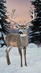 Majestic Buck Stands Proudly in Winter Landscape with Snowy Trees at Sunset